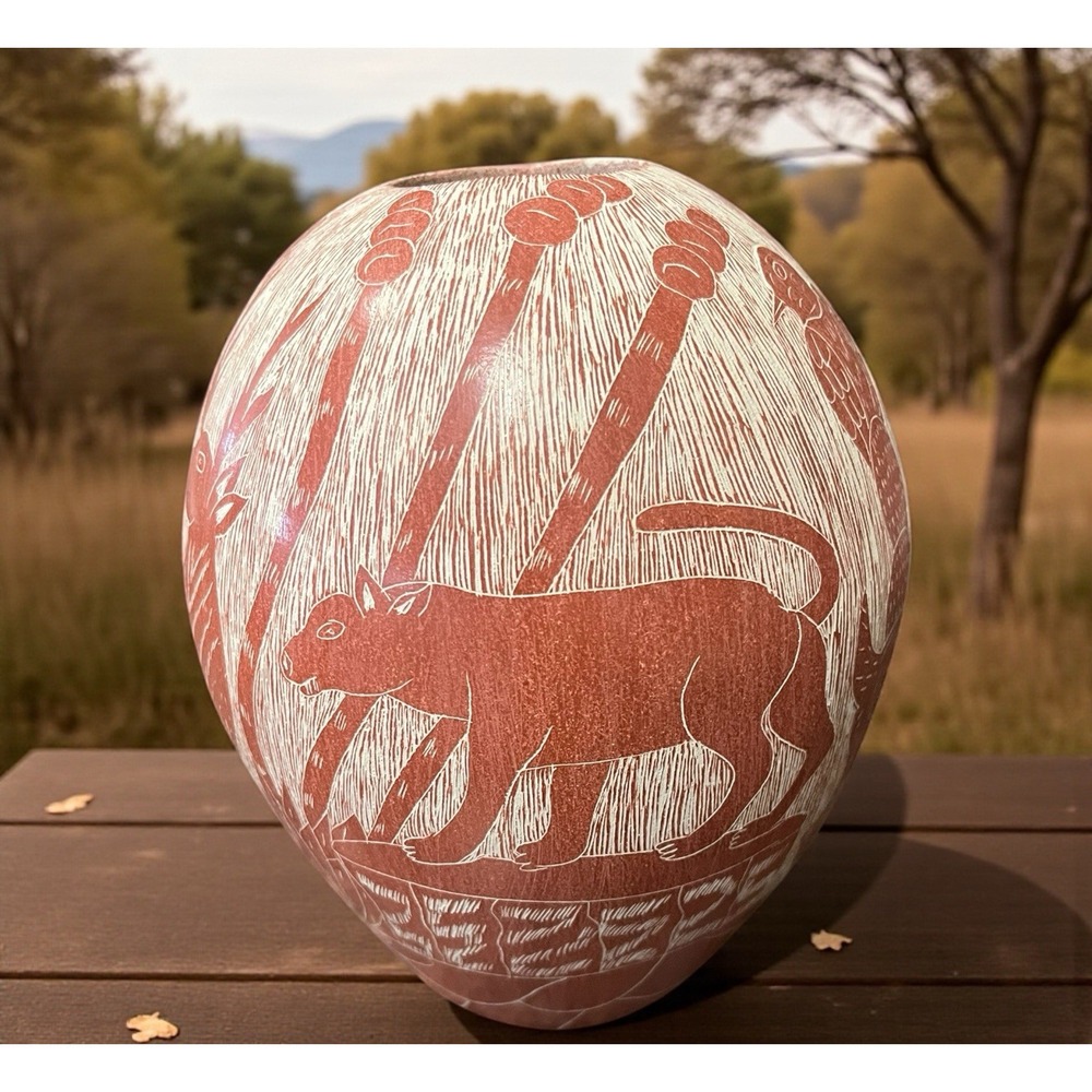 Mata Ortiz Pottery Luis Villa Deer‎ Bobcat Wildlife Cactus Sgraffito Art Mexican